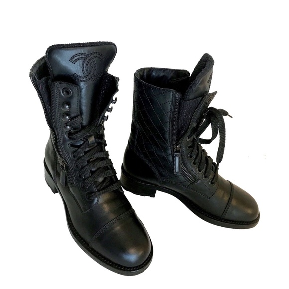 CHANEL - QUILTED COMBAT MILITARY CC LACE UP ZIPPER BOOTS - BLACK - 37 US… - Picture 1 of 16